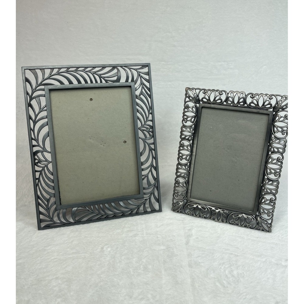 Set of 2 Pewter Tone Filigree Metal Photo Frames Ornate Scroll 5x7 4x6